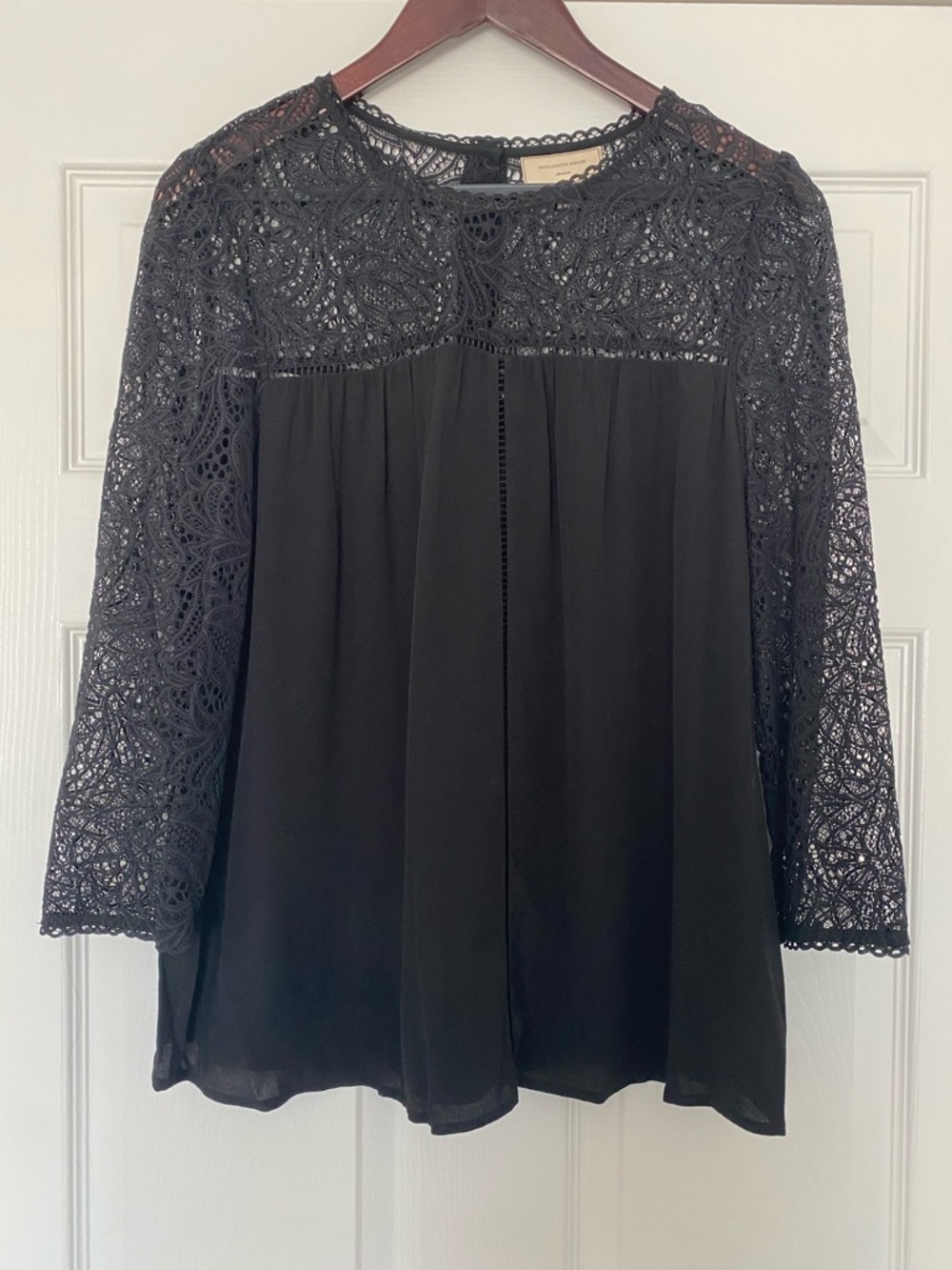 Anthropologie Moulinette Soeurs Black Lace Yoke & Sleeve Blouse Size 12